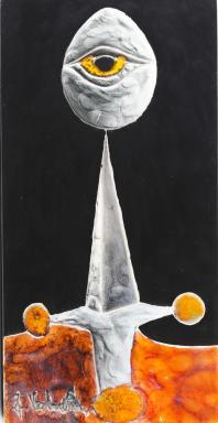Équilibre, céramique sur bois, émaux polychromes, h. 30 x l. 15 cm, Gilbert Valentin, années 1970-1980, collection privée. - Agrandir l'image, fenêtre modale
