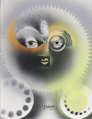 Mécaportrait, pochoirs d’objets de récupération, aérographe sur papier, h. 65 x l. 50 cm, Gilbert Valentin, 1973, collection privée. - Agrandir l'image, fenêtre modale